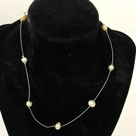 Baroque Pearl Wire Floating Necklace Silver .925 15" Choker - Picture 8 of 8